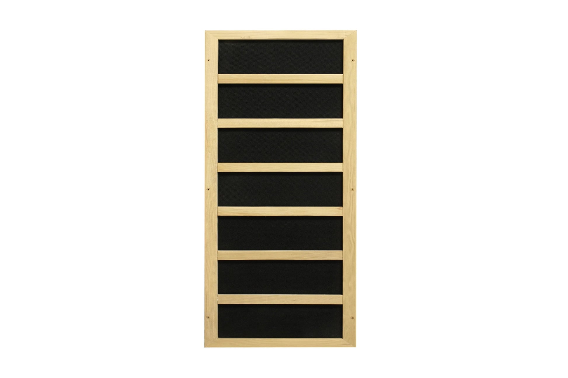 Natural wood frame sauna with black interior panels and horizontal wood slat dividers, front view on white background
