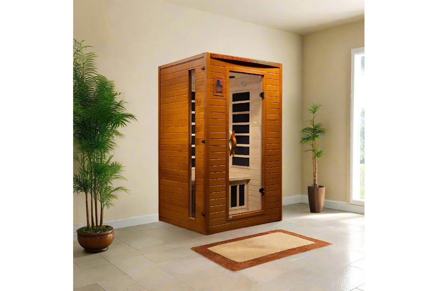 Wooden sauna cabin with cedar exterior and glass door showing infrared heating panels inside, displayed in home setting with 