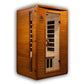 Golden cedar wood infrared sauna with glass door, digital control panel, and black heating elements visible inside on white b