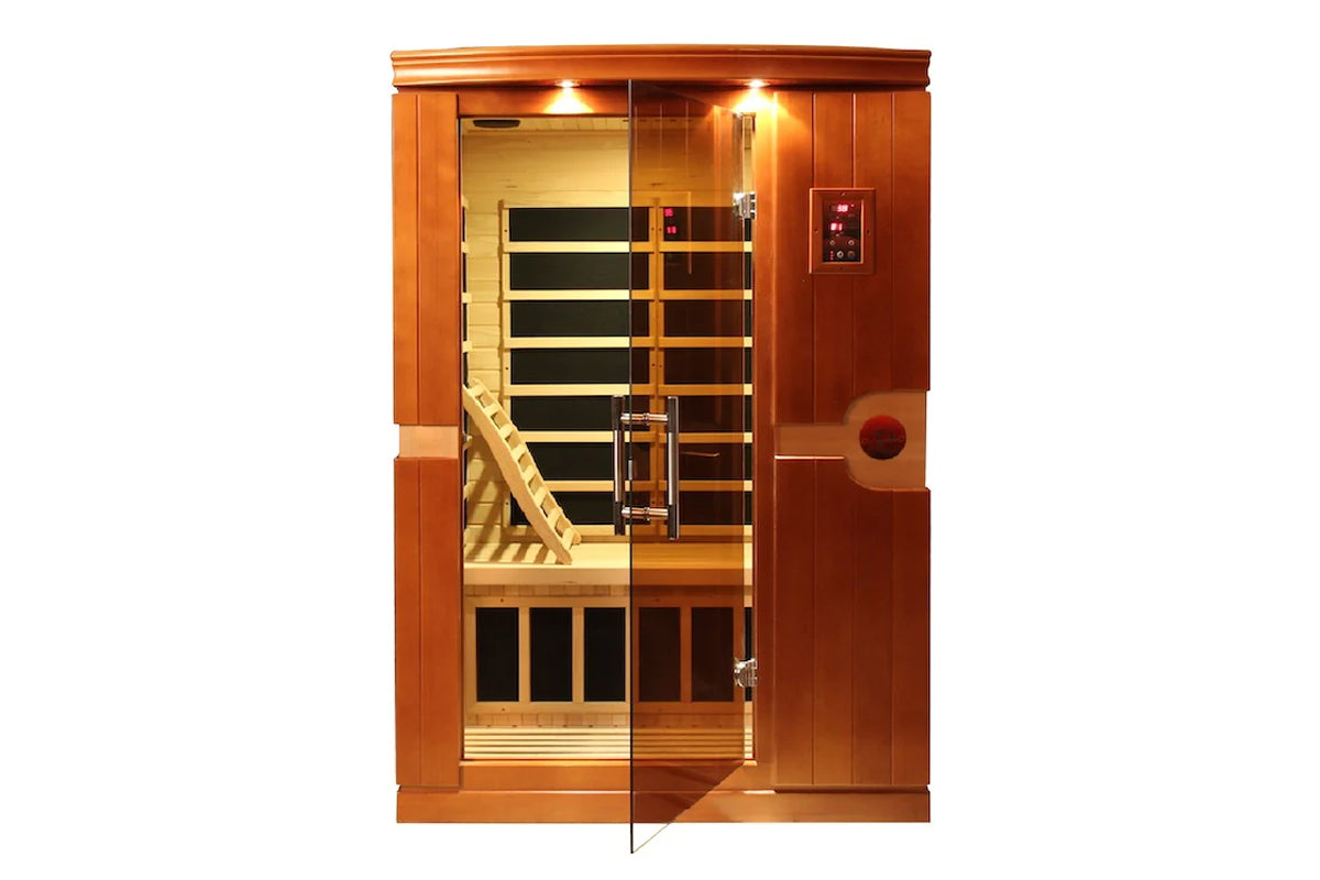 Dynamic Venice 2-person infrared sauna with Canadian hemlock wood, glass door, black carbon heating panels, and overhead ligh