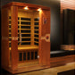 Dynamic Venice 2-person infrared sauna with Canadian hemlock wood, glass doors, and carbon heaters with overhead lighting in 