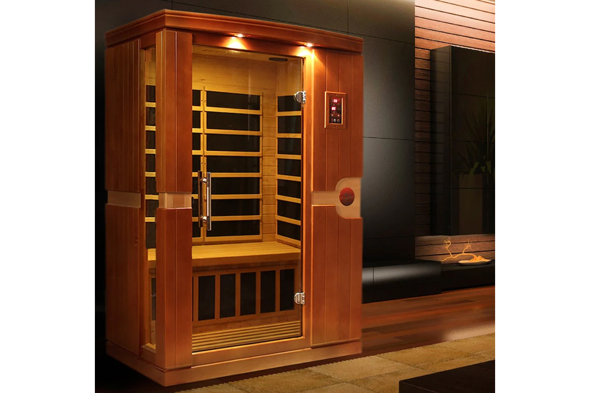 Dynamic Venice 2-person infrared sauna with Canadian hemlock wood, glass doors, and carbon heaters with overhead lighting in 