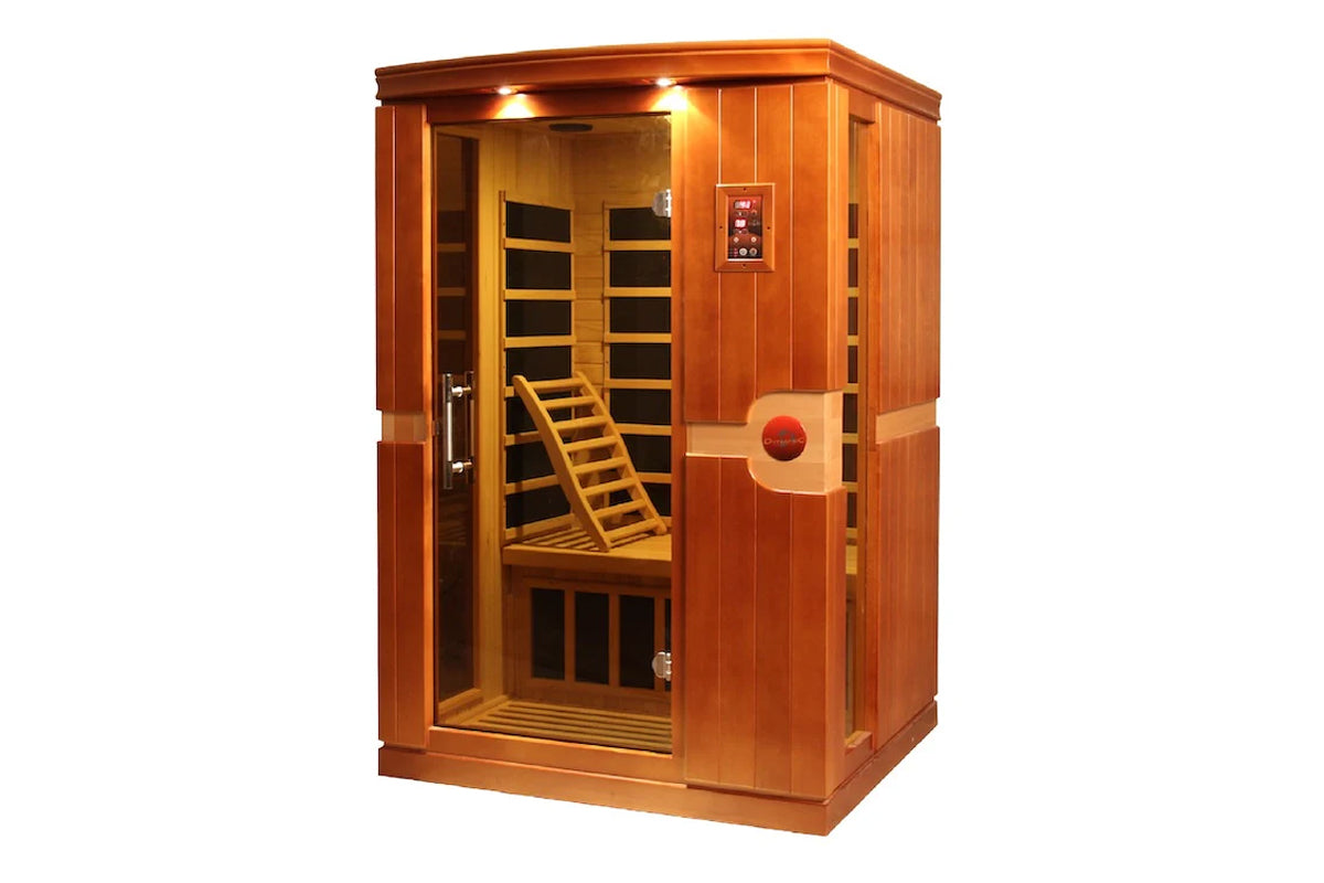 Dynamic Venice 2-person infrared sauna in Canadian hemlock wood with glass door, interior bench and backrest, control panel, 