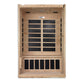 Natural wood two-person infrared sauna with black glass panels and hemlock interior, front view on white background