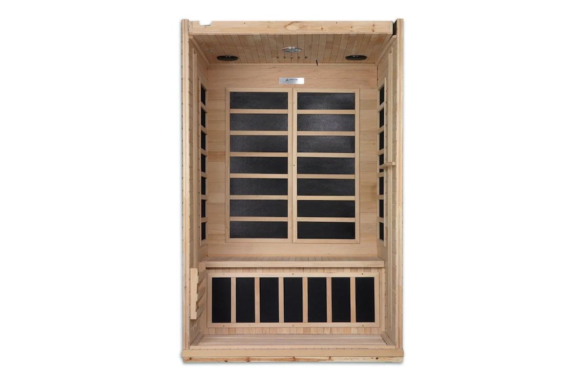 Natural wood two-person infrared sauna with black glass panels and hemlock interior, front view on white background
