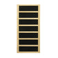 Natural wood frame sauna control panel with seven black horizontal sections separated by light wood dividers on white backgro