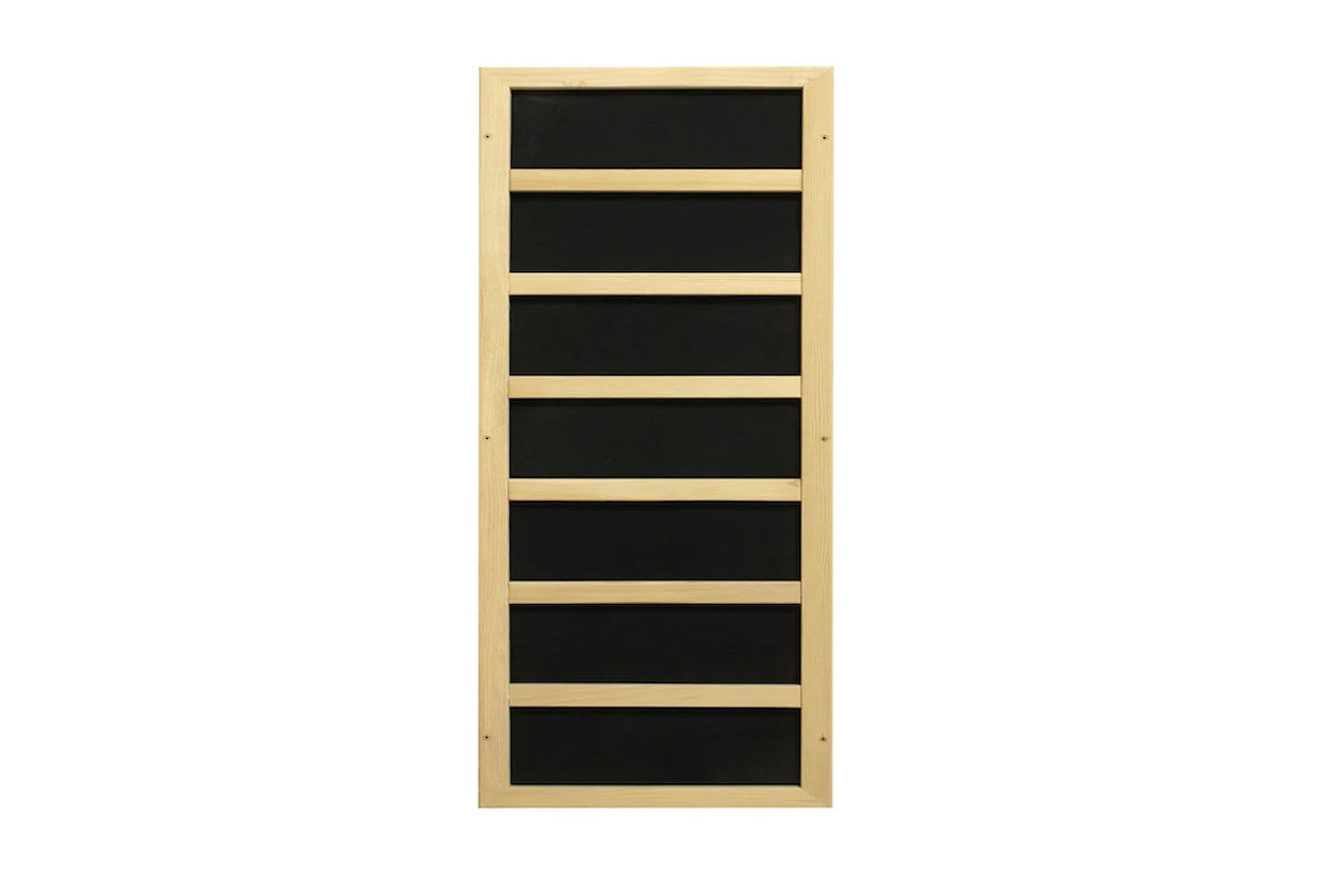 Natural wood frame sauna control panel with seven black horizontal sections separated by light wood dividers on white backgro