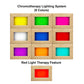 Chromotherapy lighting system display with 9 color light options in wooden frames: yellow, green, magenta, white, blue, red, 