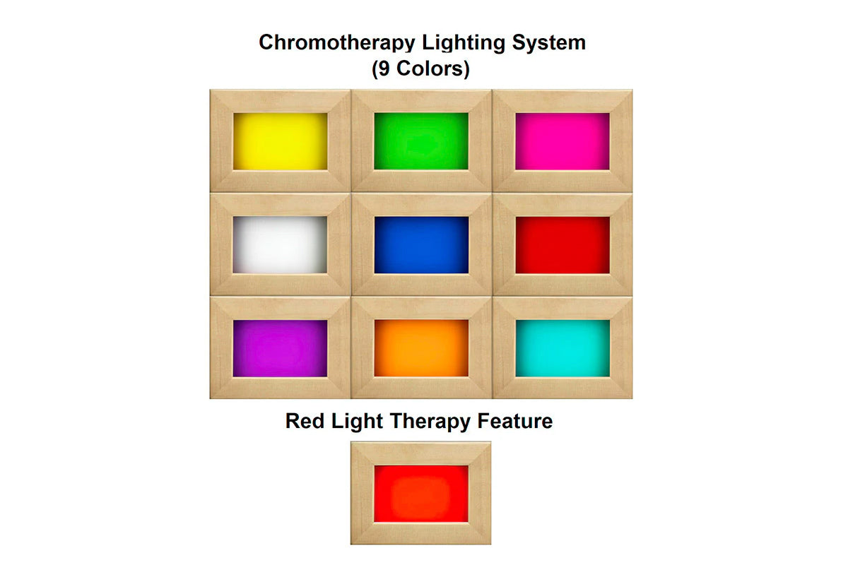 Chromotherapy lighting system display with 9 color light options in wooden frames: yellow, green, magenta, white, blue, red, 