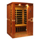 Wooden infrared sauna cabin with hemlock exterior, glass door with wooden frame, interior bench seating, control panel on rig