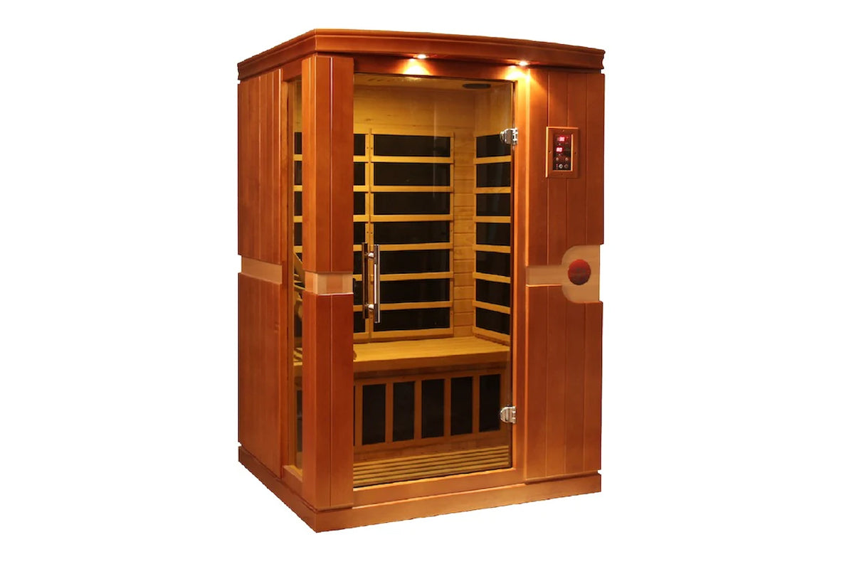 Wooden infrared sauna cabin with hemlock exterior, glass door with wooden frame, interior bench seating, control panel on rig