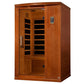 Wooden infrared sauna cabin with hemlock construction, glass door with black interior panels, digital control panel on right 