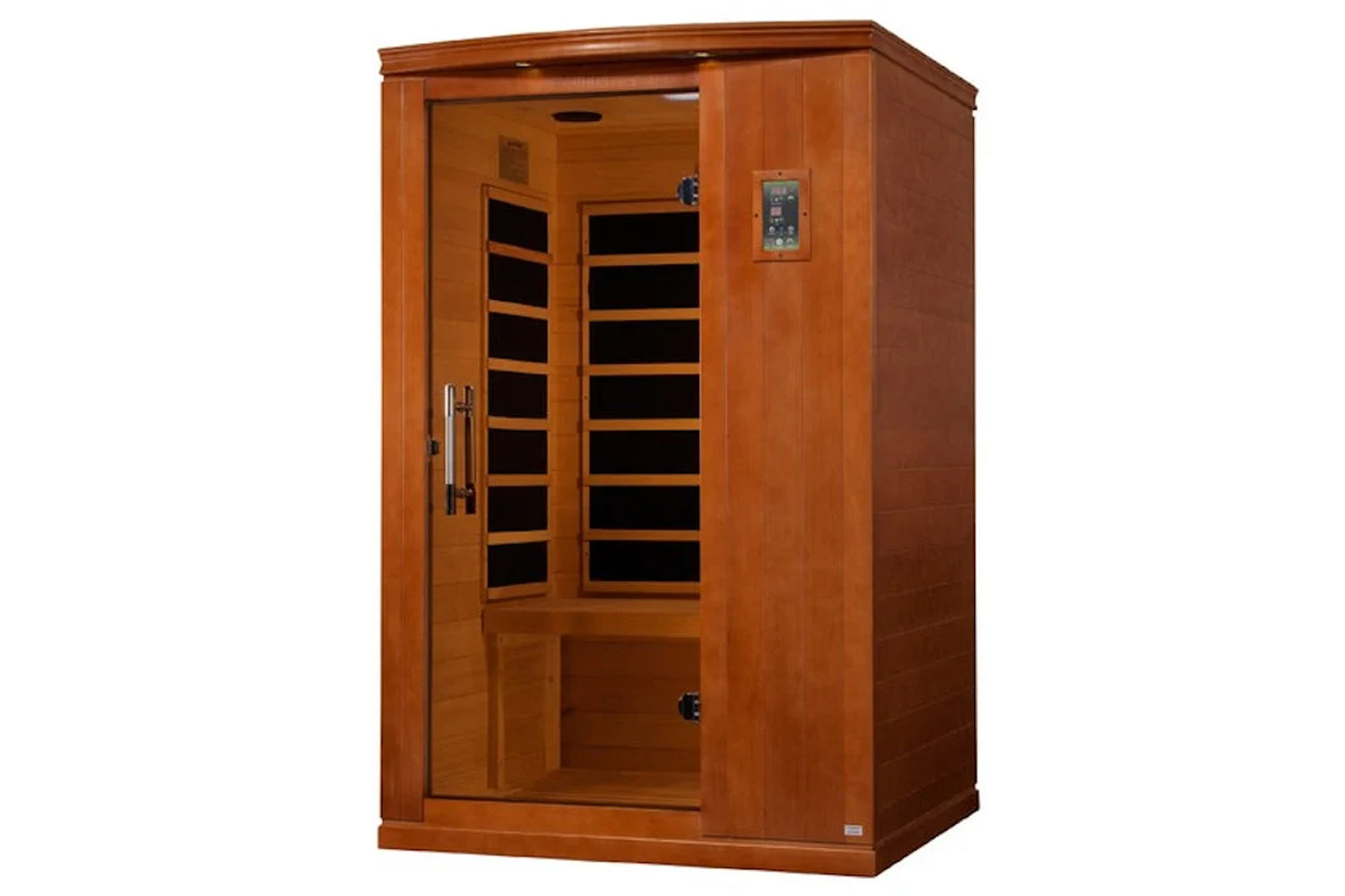 Wooden infrared sauna cabin with hemlock construction, glass door with black interior panels, digital control panel on right 