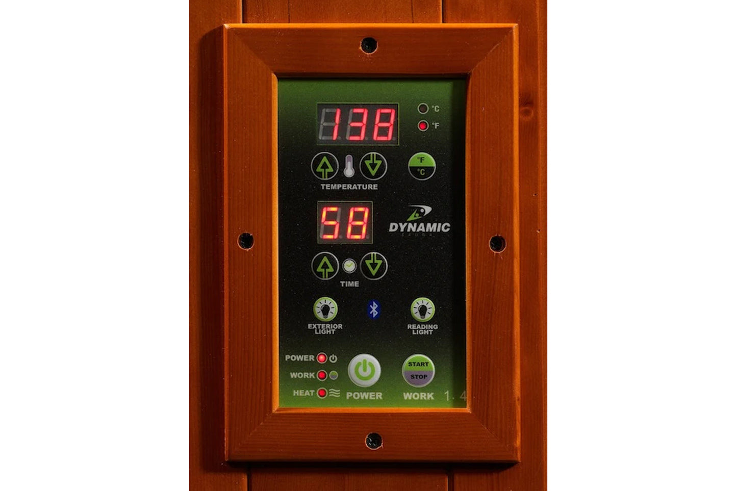 Dynamic sauna control panel with wood frame displaying temperature and time settings, mounted on wood background