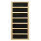 Natural wood sauna with seven black panel sections separated by light wood dividers on white background