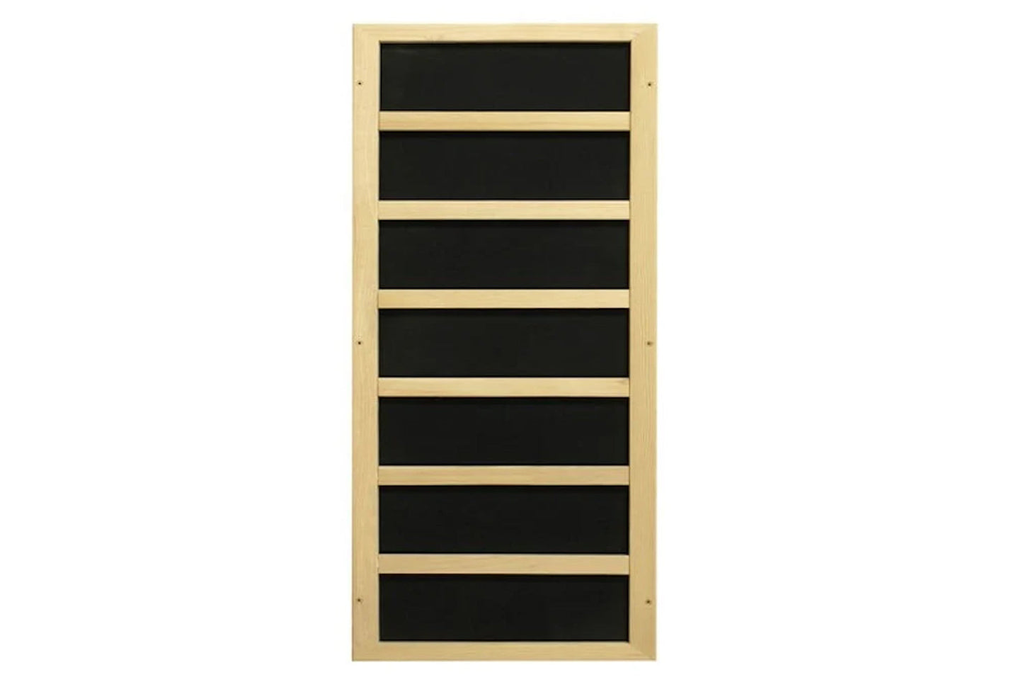 Natural wood sauna with seven black panel sections separated by light wood dividers on white background
