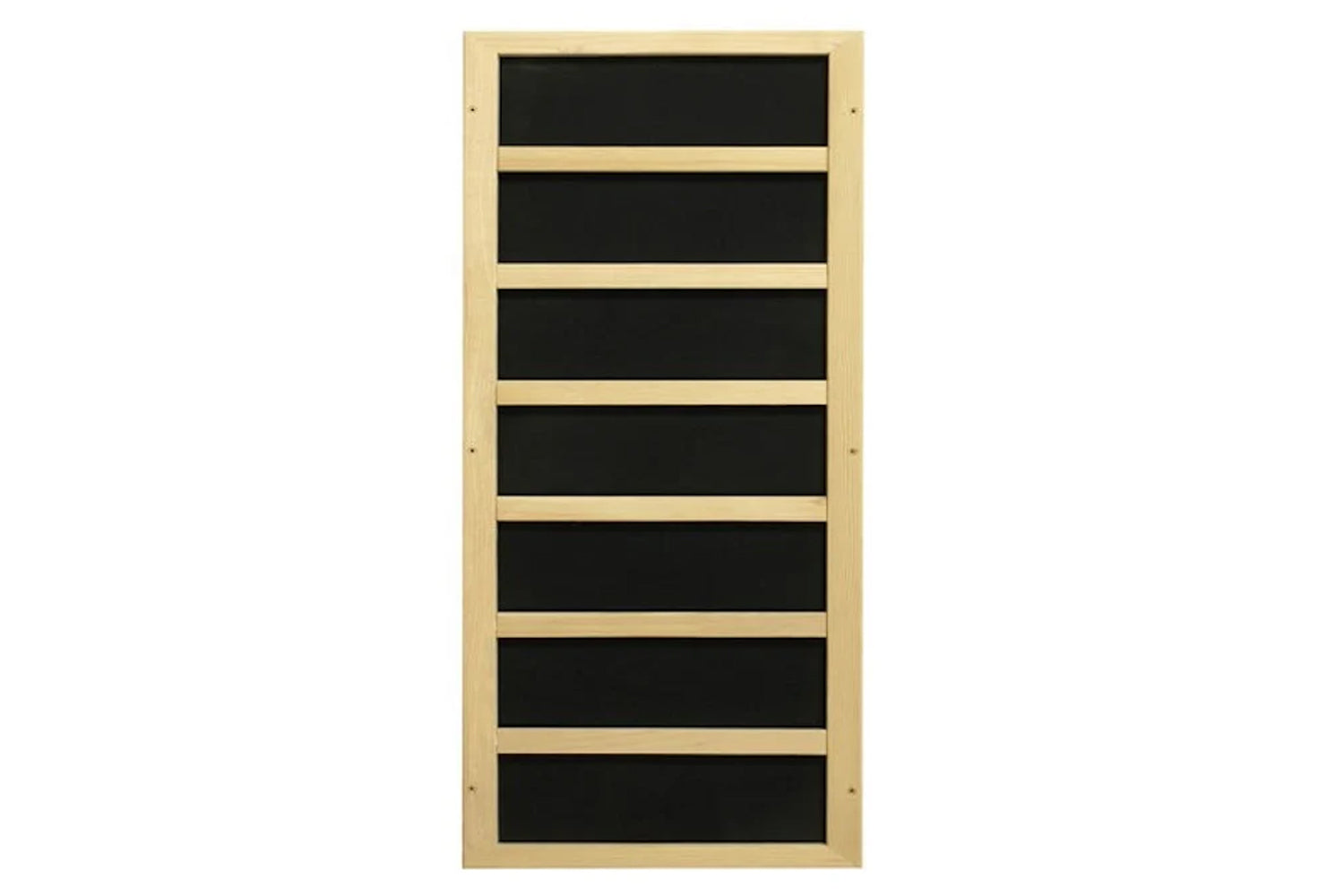 Natural wood sauna with seven black panel sections separated by light wood dividers on white background