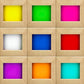 Nine color swatch windows in natural wood frame displaying yellow, green, magenta, white, blue, red, purple, orange, and cyan