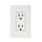 White dual electrical outlet with two stacked receptacles on light gray faceplate