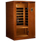 Two-person infrared sauna with warm hemlock wood exterior, glass door with black heating elements visible inside, digital con