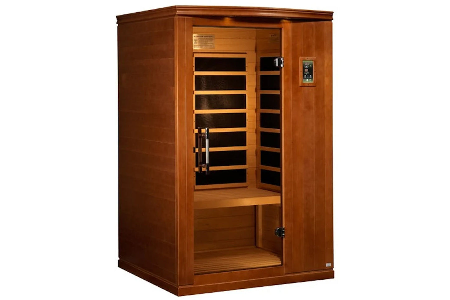 Two-person infrared sauna with warm hemlock wood exterior, glass door with black heating elements visible inside, digital con