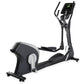 Black and gray elliptical machine with digital console display and dual handlebars, shown at angle on white background