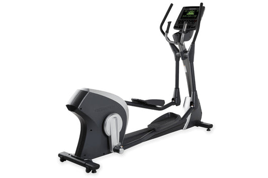 Black and gray elliptical machine with digital console display and dual handlebars, shown at angle on white background