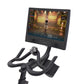 Black stationary indoor exercise bike with curved handlebars and digital display screen showing cycling metrics and fitness a