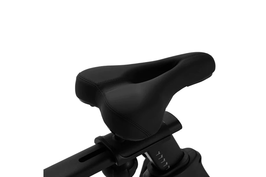 Black gel bike seat mounted on handlebars against white background