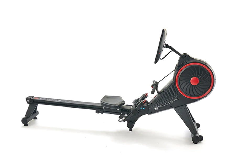 Black and red Echelon Row-s connected rowing machine with tablet holder, displayed on white background