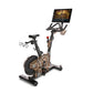 Echelon Smart Connect stationary exercise bike with camouflage frame, black handlebars, attached tablet displaying fitness cl