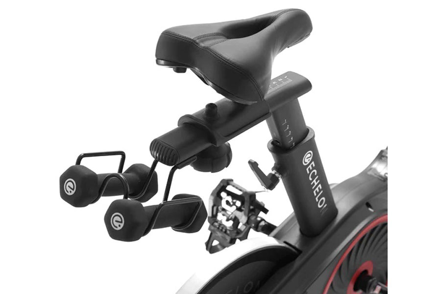 Black Echelon Connect stationary bike with padded seat, digital display console, dual pedals with toe cages, and handlebar-mo