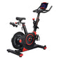 Echelon Connect Bike EX-3 stationary exercise bike with black frame, red accents, tablet holder, and dual dumbbells on white 