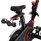 Black and red Echelon Connect stationary exercise bike with padded seat, red accents, digital display, and pair of black dumb