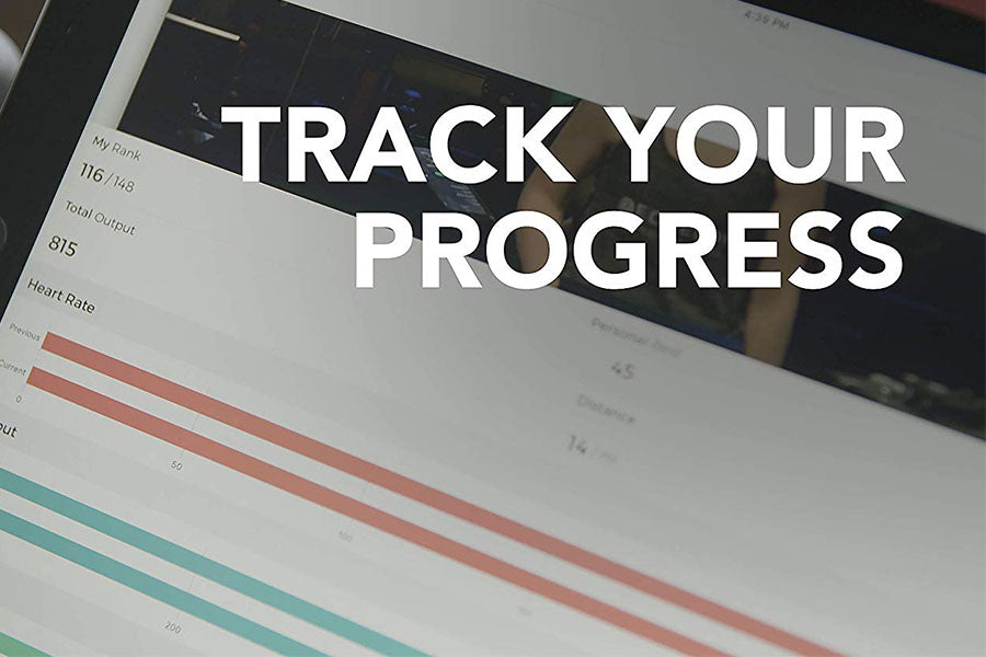Echelon Smart Connect Bike EX3 — Track Your Progress feature showing workout stats including rank, total output, and heart rate on tablet screen