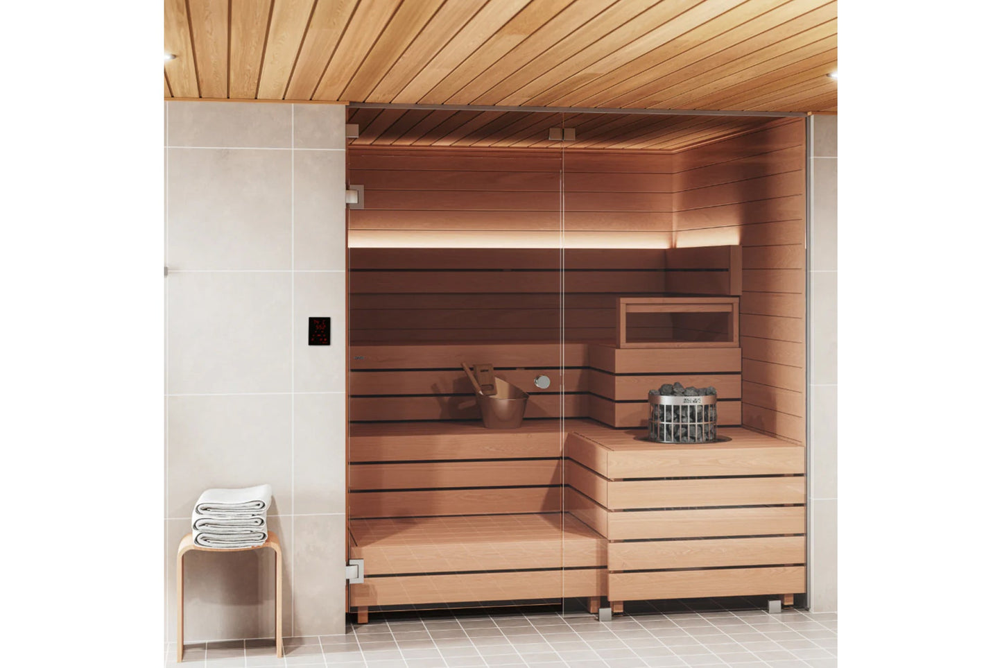 Modern cedar sauna interior with glass door, wooden benches, built-in heater with window, and stainless steel bucket with sto