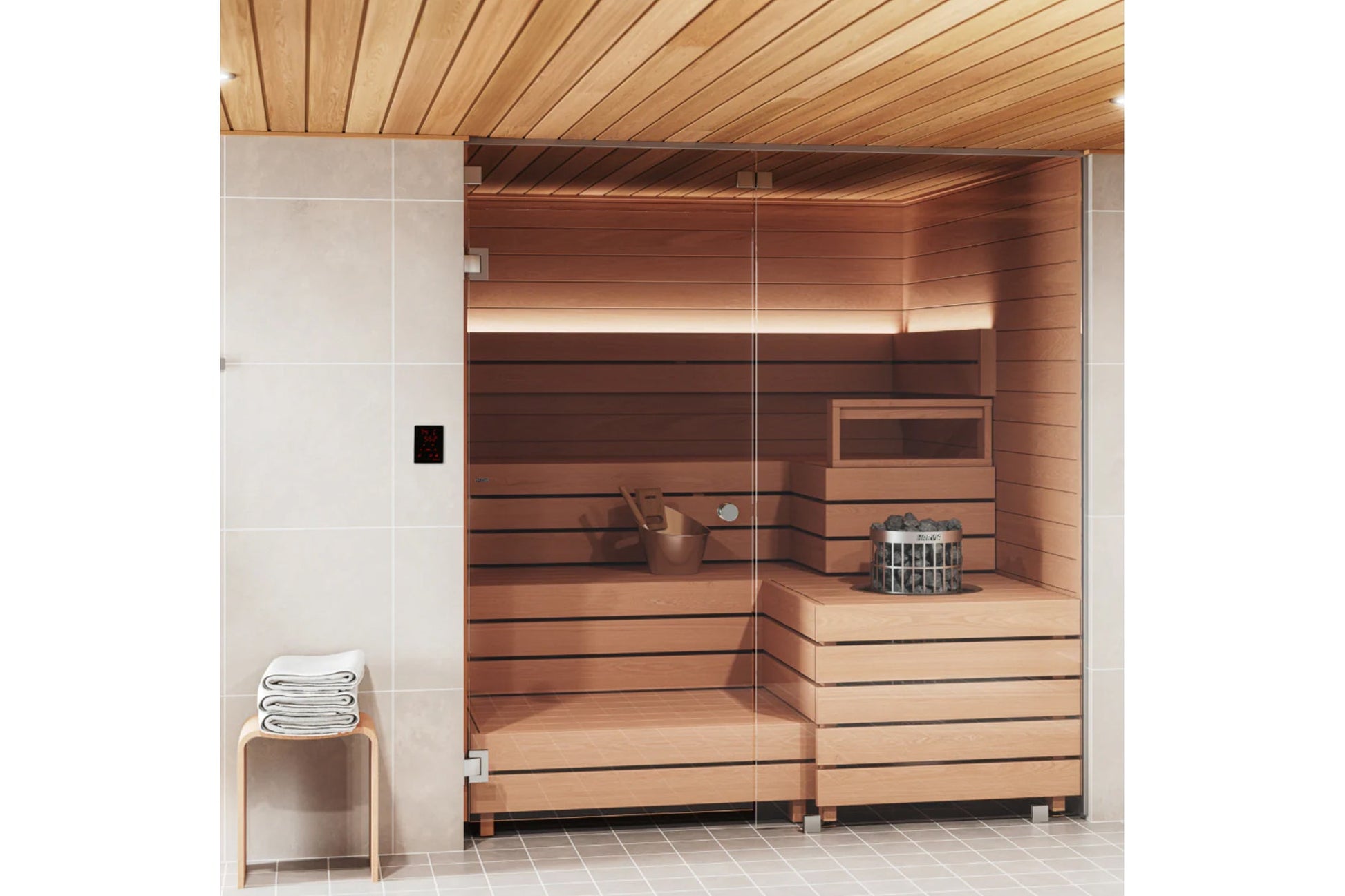 Modern cedar sauna interior with glass door, wooden benches, built-in heater with window, and stainless steel bucket with sto