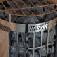 Harvia Cilindro electric sauna heater with stainless steel cage, filled with dark gray sauna stones and latticed top grate