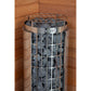 Harvia Cilindro electric sauna heater with stainless steel cage filled with gray stones, wooden sauna interior background