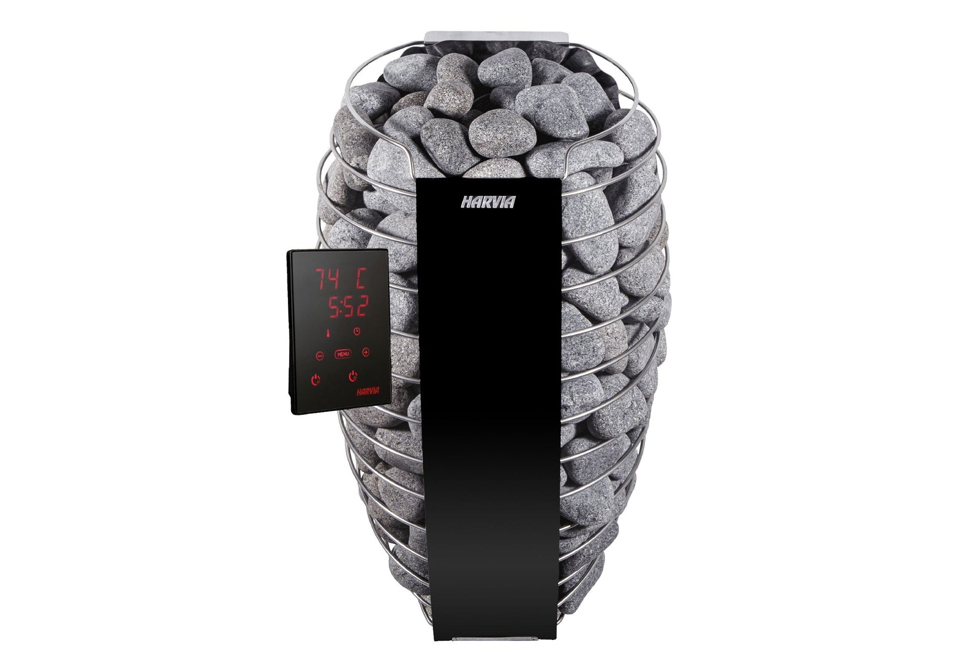 Harvia Spirit electric sauna heater with gray stones and digital control panel displaying temperature and time on white backg