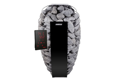 Harvia Spirit electric sauna heater with gray stones and digital control panel displaying temperature and time on white backg