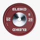Eleiko 25kg burgundy IWF training bumper plate with steel center, flat lay on white background