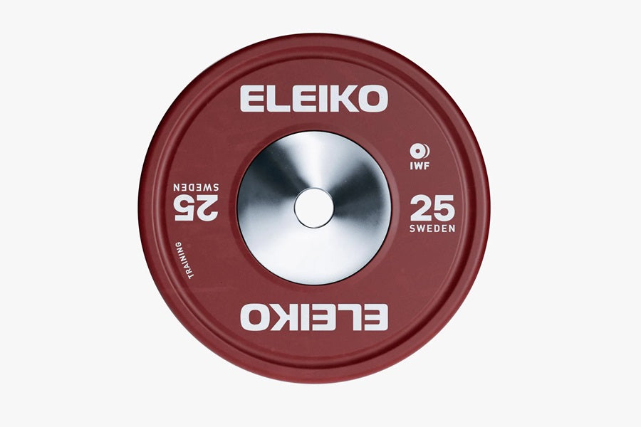 Eleiko 25kg burgundy IWF training bumper plate with steel center, flat lay on white background