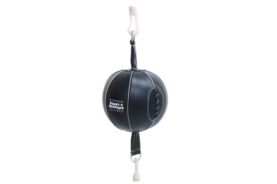 Black leather double end speed ball with white cord attachment on white background