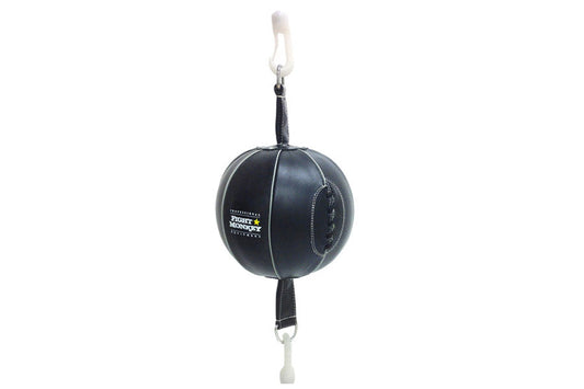 Black leather double end speed ball with white cord attachment on white background