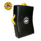 Black leather kick shield with yellow handles, Fight Monkey logo, and stitched details on white background