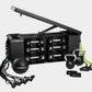 Black FITBENCH ONE weight bench with hinged storage top, dumbbell set, kettlebells, resistance bands, and suspension trainer 