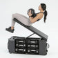 Woman performing medicine ball exercise on black FITBENCH ONE adjustable weight bench against white background