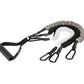 Resistance training suspension strap system with padded handle, gray and black braided cords, and three metal carabiners on w
