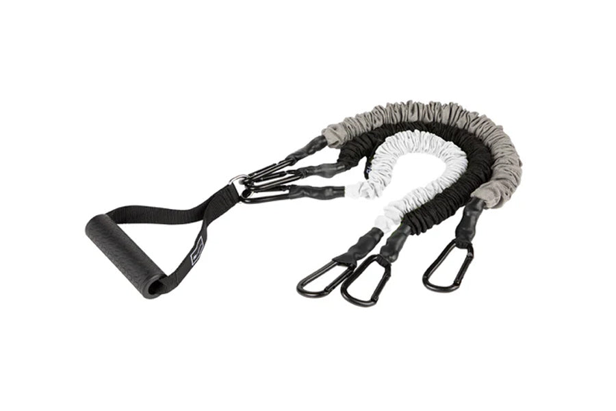 Resistance training suspension strap system with padded handle, gray and black braided cords, and three metal carabiners on w